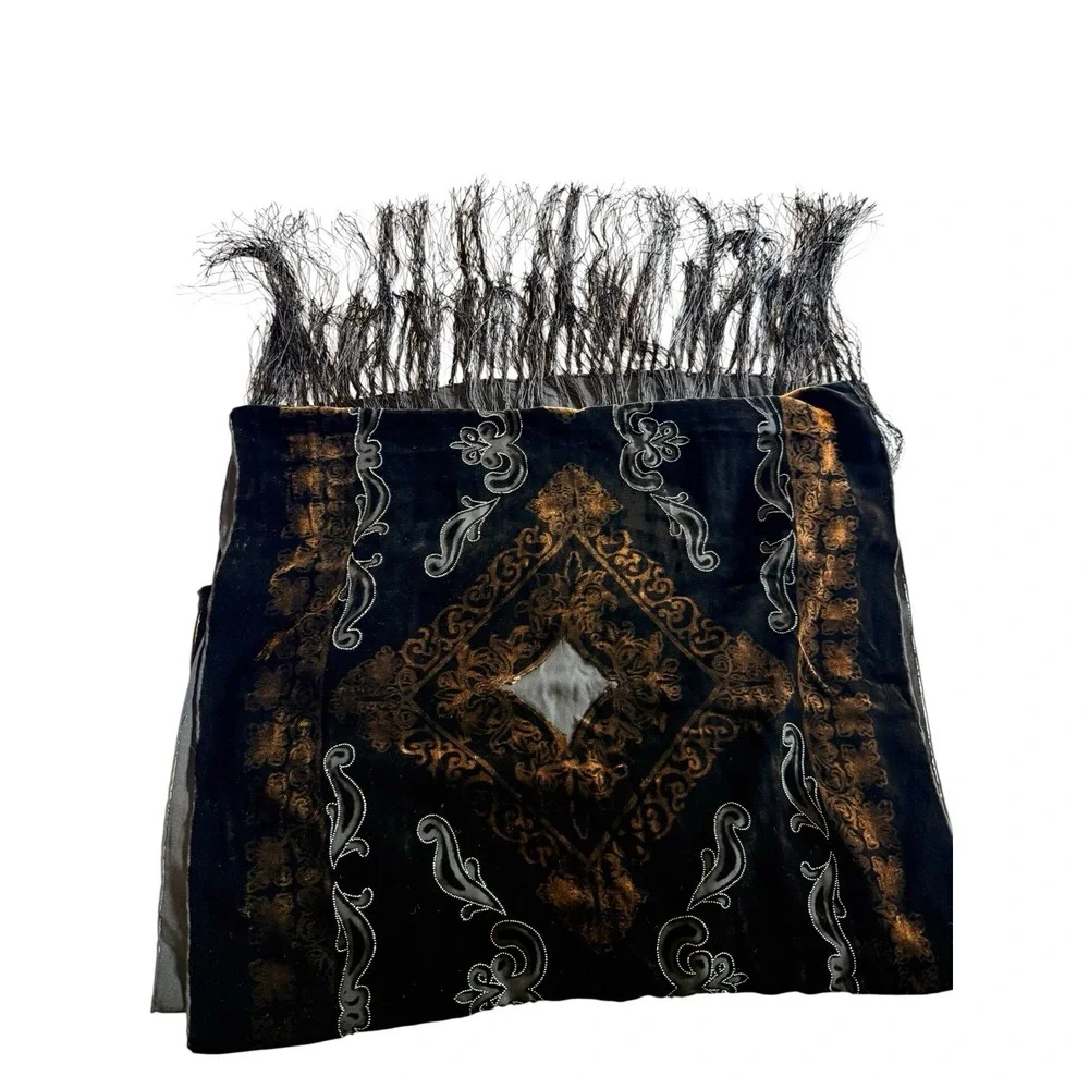 Vintage J & NY Viscose And Silk Black Brown Embroidered Scarf Fringe 64